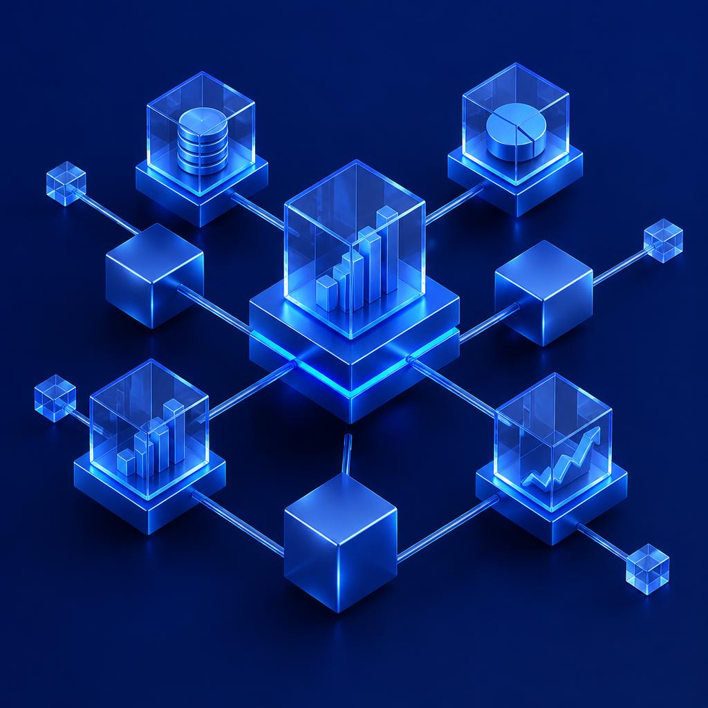 Abstract blue glass network linking asset and market infrastructure